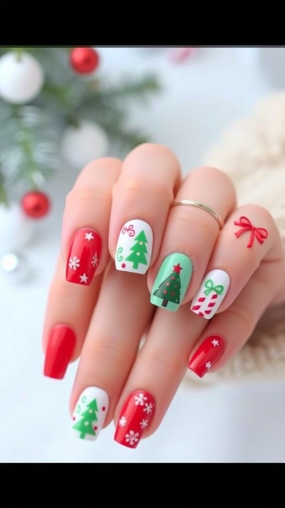 Cute short Christmas nails with festive designs including snowflakes and Christmas trees.